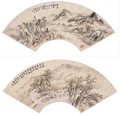 杨逸等 山水双挖 立轴